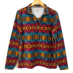 Aztec Fleece Pullover in Red Orange and Teal Southwestern Pattern Size Medium